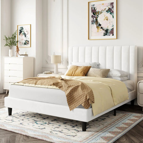 Full Size Velvet Upholstered Bed Frame With Channel Tufted Headboard And Heavy Duty Wooden Slats Platform Bed Base No Box Spring Required Easy Peasy Assembly Straight Up Luxe White Look in a bright bedroom setting with neutral decor.