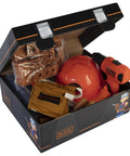 Open box showing assorted DIY tools including orange drill and safety gear, part of 100 Piece Tool Trunk Portable Toolbox For Home DIY And Car Garage.