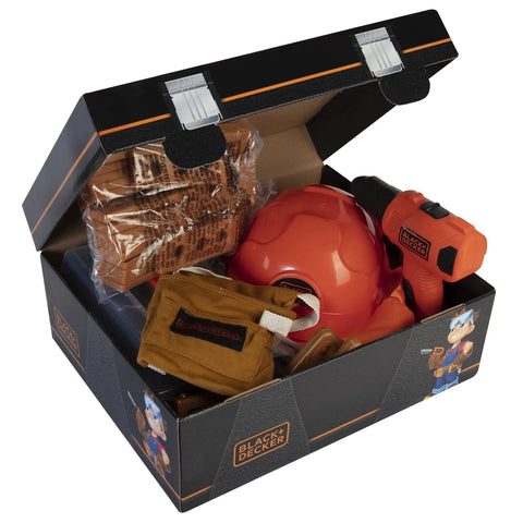 Open box showing assorted DIY tools including orange drill and safety gear, part of 100 Piece Tool Trunk Portable Toolbox For Home DIY And Car Garage.