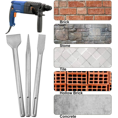 6 Piece SDS Max Concrete Drill Bit Set For Rotary Hammers in front of various masonry materials like brick, stone, and concrete.