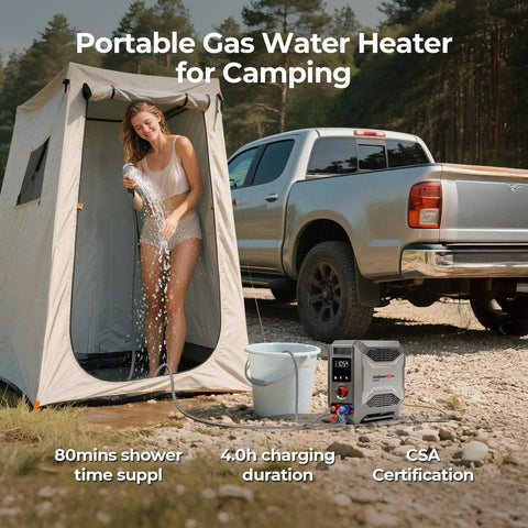 Person using InstaShower GO Pro Portable Propane Hot Shower System With 22000 BTU Instant Water Heater 5000mAh Built In Battery 12V Pump for camping.