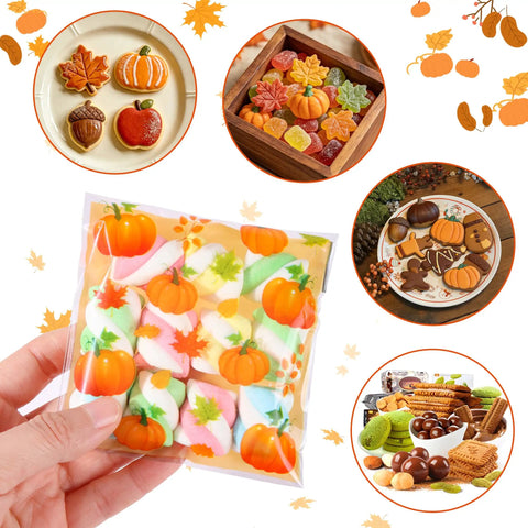 Fall Treat Bags 200 Pack, 4x4 Self Sealing Cellophane Bags with autumn design, featuring candy and snacks for Thanksgiving gifts.