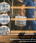 Person carrying All In One 2013 Piece Nuts Bolts And Screws Set With SAE And Metric Hardware, Grade 8.8 Hex Bolts, and 3 Tray Portable Kit