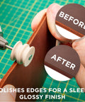 12 Piece Leather Edge Burnishing Bits For Rotary Tools Leather Polishing Bits in use showcasing before and after polished leather edges.