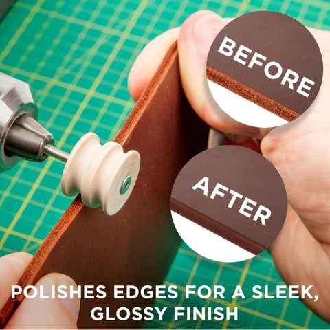 12 Piece Leather Edge Burnishing Bits For Rotary Tools Leather Polishing Bits in use showcasing before and after polished leather edges.