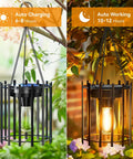 Bright Solar Lanterns Outdoor Waterproof Hangable Lights with auto on off, showing daytime and lit warm LED at night in garden