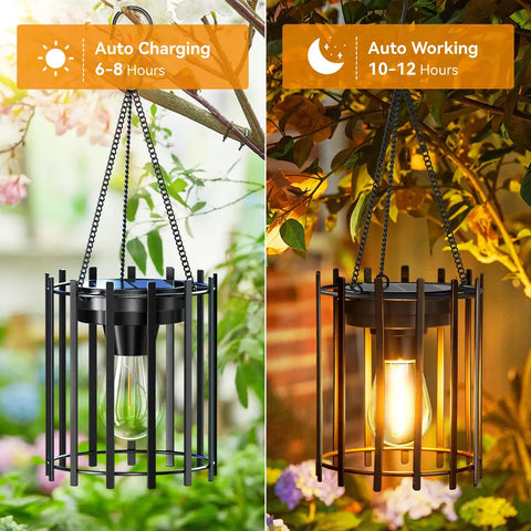 Bright Solar Lanterns Outdoor Waterproof Hangable Lights with auto on off, showing daytime and lit warm LED at night in garden