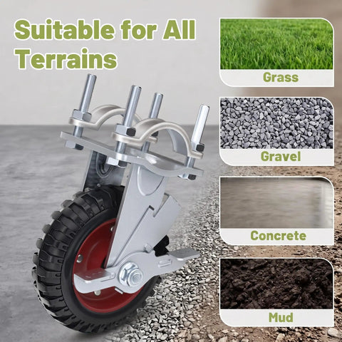 Six Inch Heavy Duty Tube Gate Wheel With Brake Red Galvanized Steel Caster Built Tough To Carry 450 Pounds Rides Smooth As Silk With Dead Tight Foot Brake on various terrains.