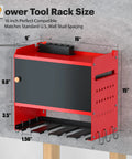 Heavy Duty Wall Mounted Power Tool Organizer With Integrated Charging Station And Six Outlet Strips, Insanely Solid Metal Garage Cabinet keeping your drills locked tight, showing dimensions and structure.