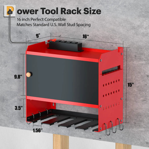Heavy Duty Wall Mounted Power Tool Organizer With Integrated Charging Station And Six Outlet Strips, Insanely Solid Metal Garage Cabinet keeping your drills locked tight, showing dimensions and structure.