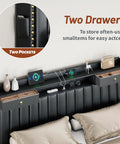 Heavy Duty Black King Size Platform Bed Frame With Padded Headboard And Four Slide Out Storage Drawers Plus Hidden Side Shelves Solid Wood Design For Straight Up Bedroom Comfort, featuring drawers and pockets for storage.