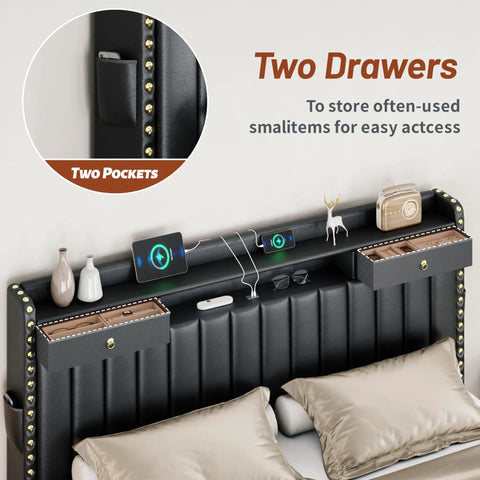 Heavy Duty Black King Size Platform Bed Frame With Padded Headboard And Four Slide Out Storage Drawers Plus Hidden Side Shelves Solid Wood Design For Straight Up Bedroom Comfort, featuring drawers and pockets for storage.