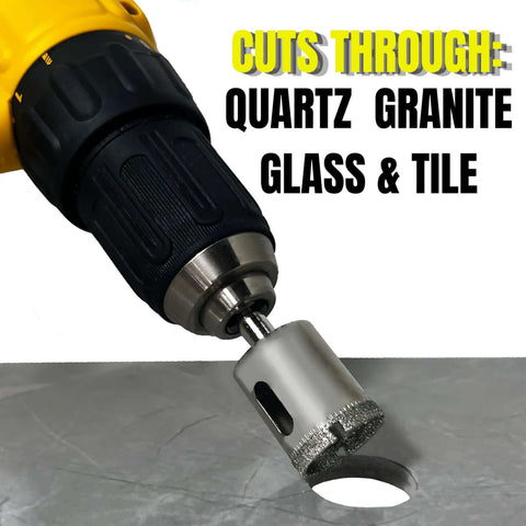 1-inch diamond drill bit attached to a yellow cordless drill, cutting a round hole in metal.