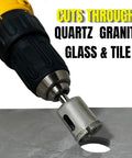 Close-up of Heavy Duty 3 Piece Diamond Hole Saw Set For Porcelain Ceramic Tile And Glass Smooth Cutting Drill Bits in use for precise drilling.