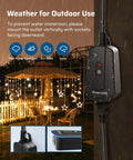 Rugged Built Tough Outdoor Wireless Remote Outlet Switch for Lights and Decor mounted outdoors under rain with holiday lights