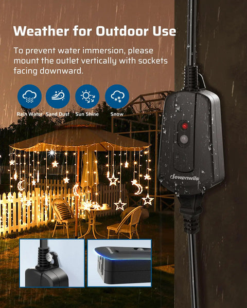 Rugged Built Tough Outdoor Wireless Remote Outlet Switch for Lights and Decor mounted outdoors under rain with holiday lights