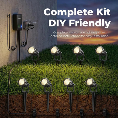 All In One Low Voltage Landscape Lighting Kit with 8 Waterproof LED Spotlights, 80 W Transformer, 80 Ft Wire shown installed outdoors