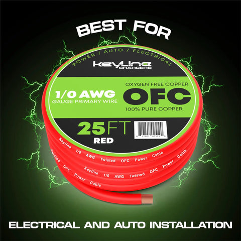 1/0 Gauge Wire 25ft OFC Oxygen Free Copper Battery Cable For Auto Electrical Wiring And Car Audio Amplifier Grounding Heavy Duty Power Cable For Speakers Amp RV Trailer Wiring Marine Use red spool