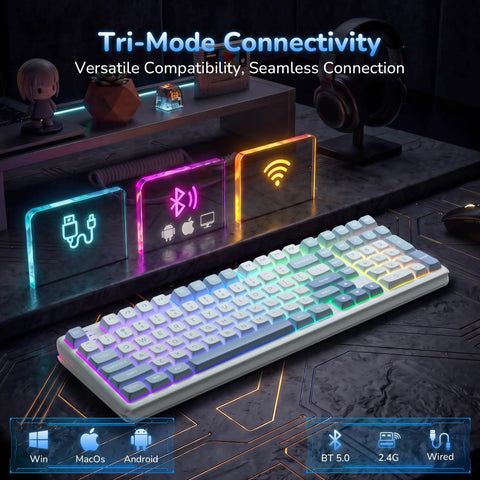 Flex Your Setup With This Next Level Tri Mode Wireless Gasket Mechanical Keyboard Featuring True 8KHz Polling Rate SoCd Support And Buttery Smooth Hot Swappable Keys For Gamers on a stylish desktop with tri-mode connectivity options.