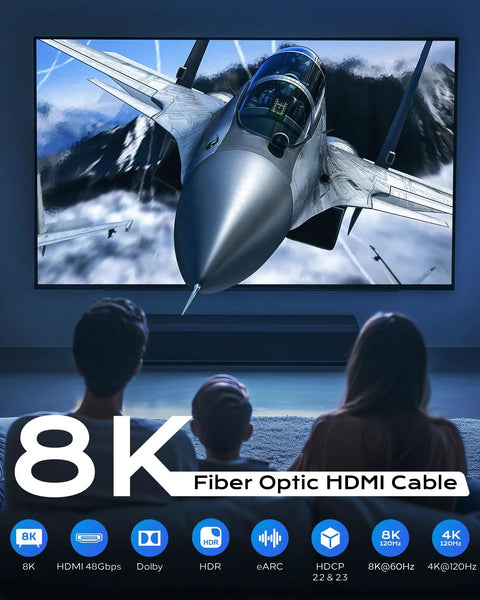 Ridiculously Durable Fifty Foot Fiber Optic Hdmi Cable Screaming Fast 48Gbps connecting to a TV displaying 8K resolution action scene.