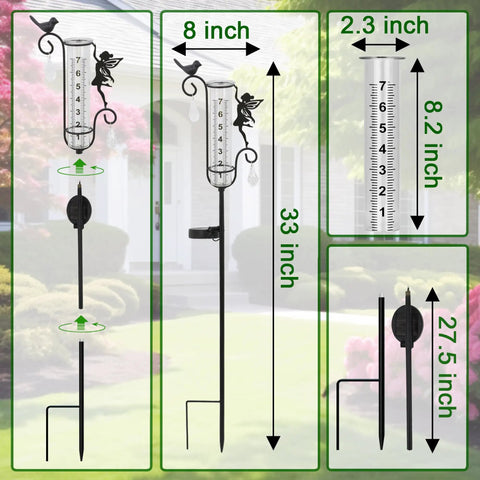 Solar Powered Glass Weather Station Rain Gauge Garden Stake With Freeze Proof Design Fairy Garden Decor Outdoor Yard Crystal Pendant Rain Meter Easy Lawn Rain Reading And Garden Swag, 33 inches tall with clear glass, shown in sections