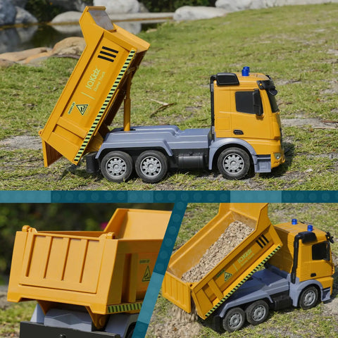 Remote Control Dump Truck Toy with Blue Warning Lights, realistic RC construction vehicle for boys and girls aged 3 to 10, side view.