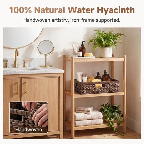 Large Wicker Storage Basket For Shelves And Pantry In Brown Water Hyacinth, 1 Pack displayed on a bathroom shelf with toiletries.
