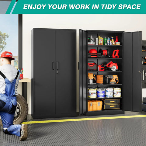 Lockable 71 Inch Metal Storage Cabinet With 2 Doors And 6 Adjustable Shelves in garage with tools and supplies inside