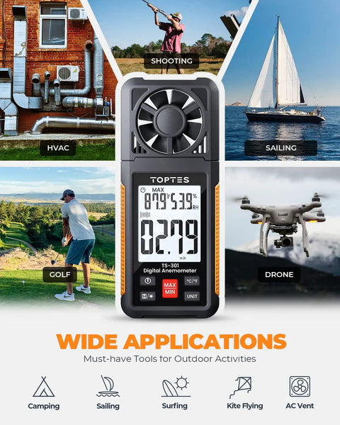 Handheld Wind Speed Meter With 2.26 Inch Backlit LCD Screen Digital Anemometer And Air Flow Meter For Sailing Surfing Drone Flying RC Planes Golf Shooting HVAC And Outdoor Adventures, front view