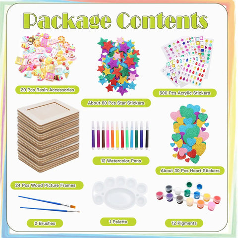 DIY Wooden Picture Frame Craft Kit With 24 Blank Frames, Paint Set With 12 Colors And 2 Brushes, Kid Friendly Hearts And Stars EVA Stickers, Resin Accessories