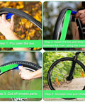 Installation process of Two Pack Bike Tire Liners For Flat Protection with green rim tape on a bicycle tire.