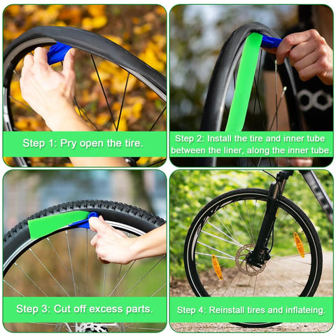Installation process of Two Pack Bike Tire Liners For Flat Protection with green rim tape on a bicycle tire.