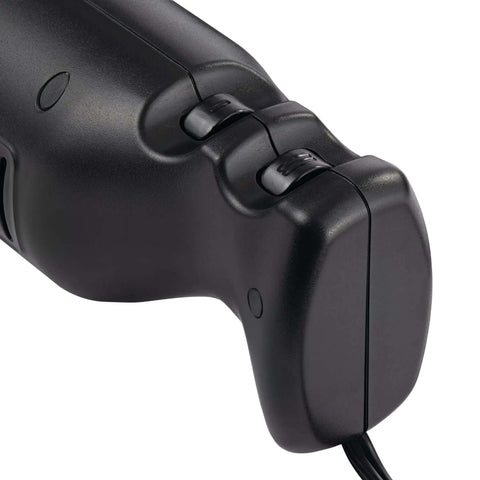 Close-up of black handle with buttons of Commercial Two Speed Handheld Immersion Blender Featuring Seven Inch Stainless Steel Shaft And Real Deal Heavy Duty Motor Delivering Smooth Blends Without Any Fuss For Everyday Kitchen Tasks.