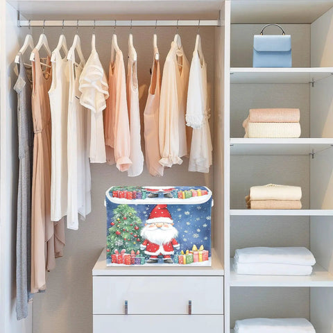 Heavy Duty Collapsible Linen Storage Cubes With Flip Top Lid And Sturdy Rope Handles Super Roomy Closet Organizers with Christmas design in a modern closet.