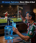 Excited fan using High Output 5 Gallon Jug Water Dispenser With USB C Electric Pump during a soccer match on TV