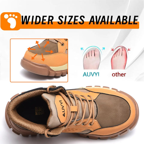 Wide toe cap of Steel Toe Work Boots For Men With Wide Toe Cap, Built Tough And Slip Resistant, Waterproof Leather, Puncture Proof