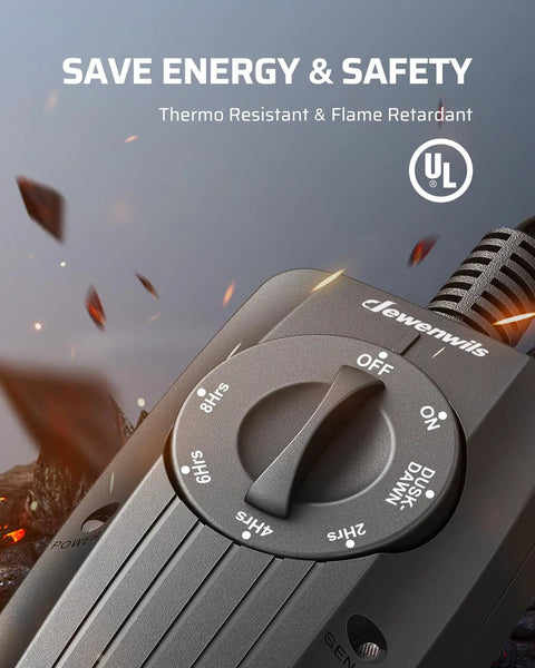 Heavy Duty Two Pack Outdoor Light Timer Featuring Smart Dusk To Dawn Photocell Sensor UL Listed All Season Weather Ready Quick Wire No Sweat Setup For Patios control panel with timer settings and UL certification.