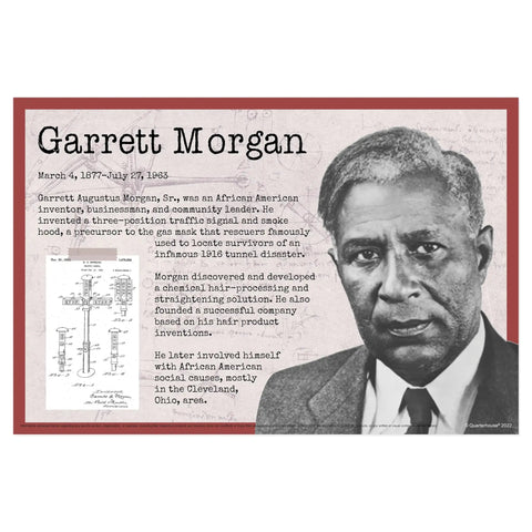 Garrett Morgan poster from Eight Black History Inventors Posters Set for Classrooms 12 X 18 Inches Each Made in USA with black and white portrait