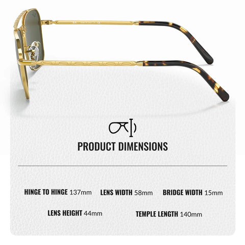 Side view of RB3636 Square Frame Non Polarized Sunglasses For Men And Women With Green Lens Includes Official Eyewear Kit Ideal For Formal And Casual Wear Durable Lightweight Frame Built For Daylong Comfort And UV Protection For Work Travel And Weekend Vibes showing dimensions