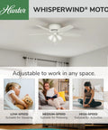 52 Inch Indoor Ceiling Fan With LED Lights And Pull Chain in a bedroom setting with WhisperWind motor, flush mount, white finish, 5 blades