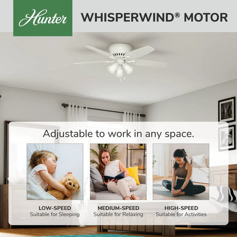 52 Inch Indoor Ceiling Fan With LED Lights And Pull Chain in a bedroom setting with WhisperWind motor, flush mount, white finish, 5 blades