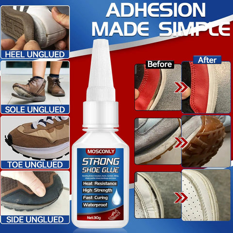 Heavy Duty Shoe Glue 30g For Sole Repair Waterproof Bond That Sticks Leather Rubber And Fabric shown with before and after images