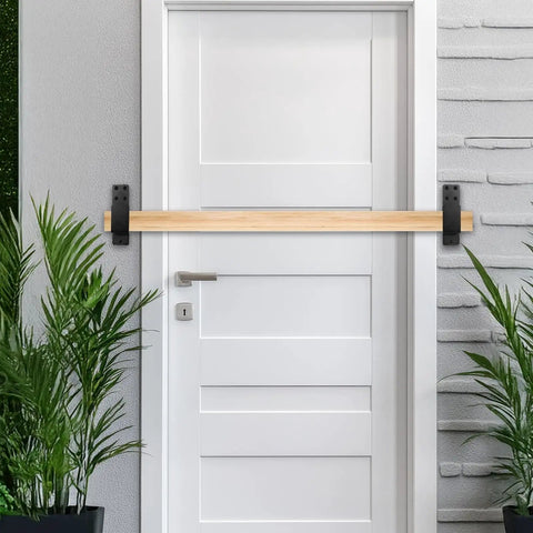 Heavy Duty Door Barricade Brackets Set For 2x4 Lumber U Shaped Gate Holder installed on white door with wood bar