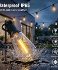 50 Foot Outdoor Waterproof String Lights With Bluetooth App And Remote Control Dimmable Brightness And Timed Modes displayed outside