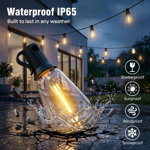 50 Foot Outdoor Waterproof String Lights With Bluetooth App And Remote Control Dimmable Brightness And Timed Modes displayed outside