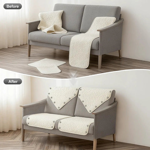 Light Grey Twist Pins With Cloth Covered Heads Keep Your Slipcovers Locked Tight No More Slipping Around Quick Grip Fabric Anchor Tacks For Couch Covers Car Headliners And Home Decor Pack Of 24 on a sofa before and after use.