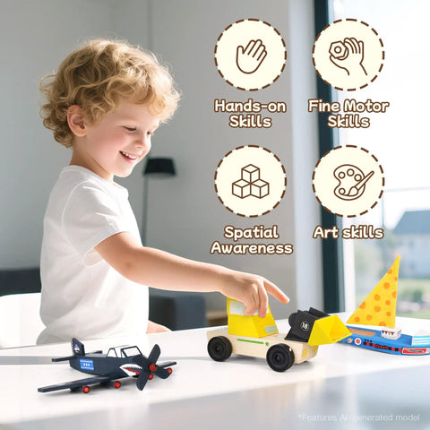 Child playing with DIY Wooden Build Art Crafts Kit 3 Pack For Kids Ages 4 To 12 Make Your Own Car Boat Plane Movable Wooden Toys STEM Set