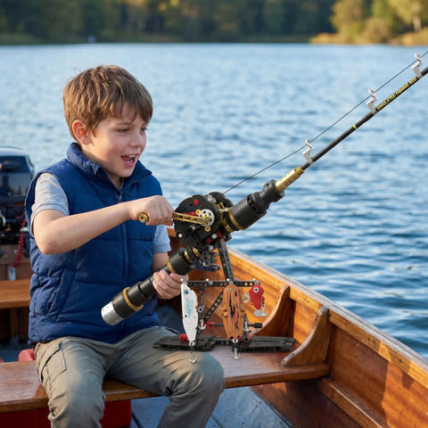 Child with Fishing Rod Building Block Set 589 Plus Pieces Compatible With LEGO STEM Building Toys on a boat, smiling and fishing