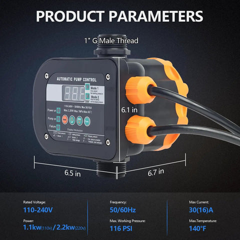 Plug Play Smart Pump Controller With Auto Water Level And Flow Tracking Digital Readout Compatible 110V To 240V Includes One Inch Npt Fittings showing digital display and fittings.