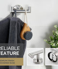 Heavy Duty Brushed Nickel Towel Hook For Bathroom Wall Mount SUS 304 Stainless Steel Double Coat Hook holding towel and scrubber